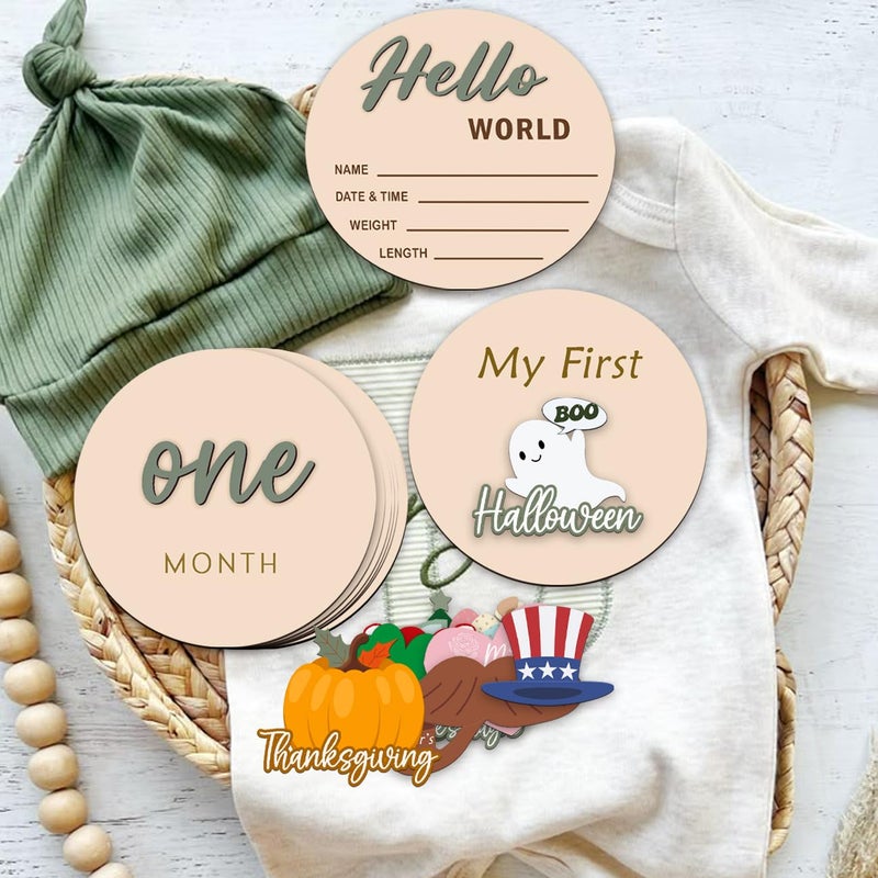 cephira Monthly Baby Milestone Maker Discs, Baby Milestone Signs for Newborn Baby, Hello World Newborn Sign for Girl & Boy, Baby Announcement Sign for 1-12 Month, Milestone Wooden Circles (Sage) - Image 2